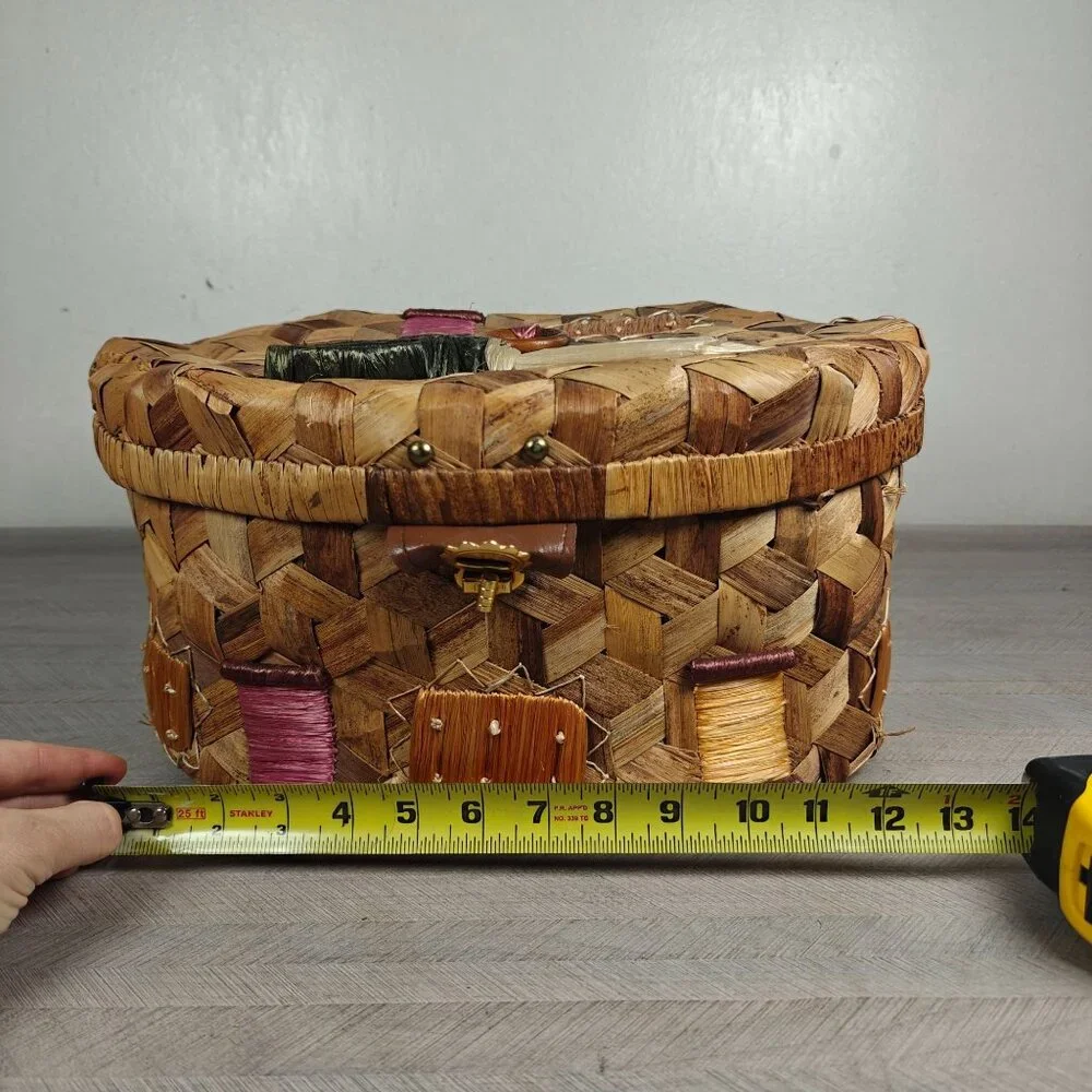 Vintage Handwoven Wicker Sewing Basket With Lid & Decorative Accents